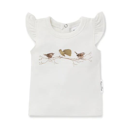 Aster & Oak Organic Birds Print Flutter Tee - Snow White